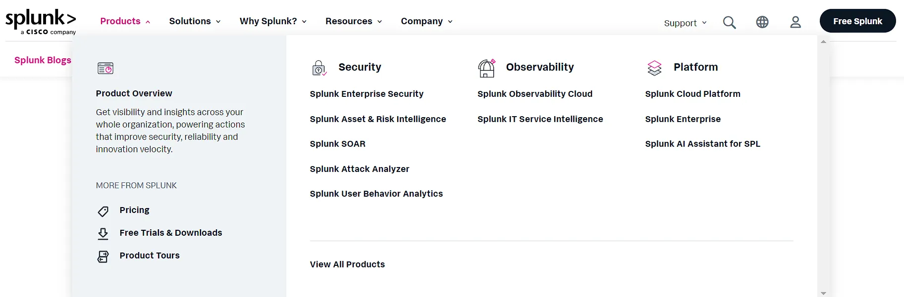 Splunk product page