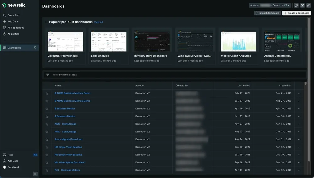 New Relic's pre-built dashboards