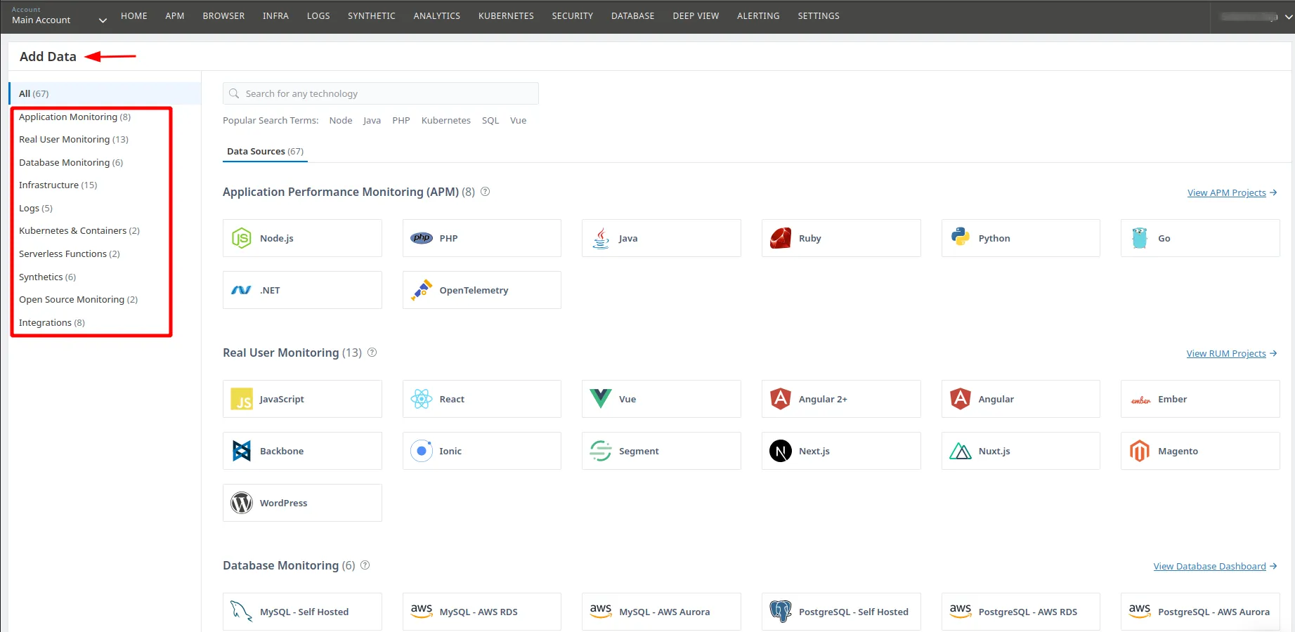 Atatus Add Data UI showing Monitoring Options