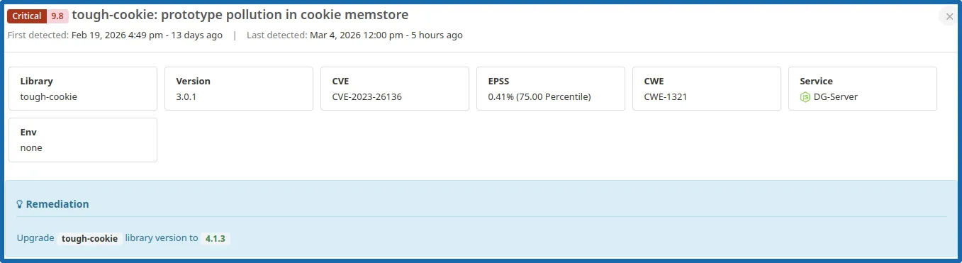 Atatus CVE Detail Card with Remediation Path.